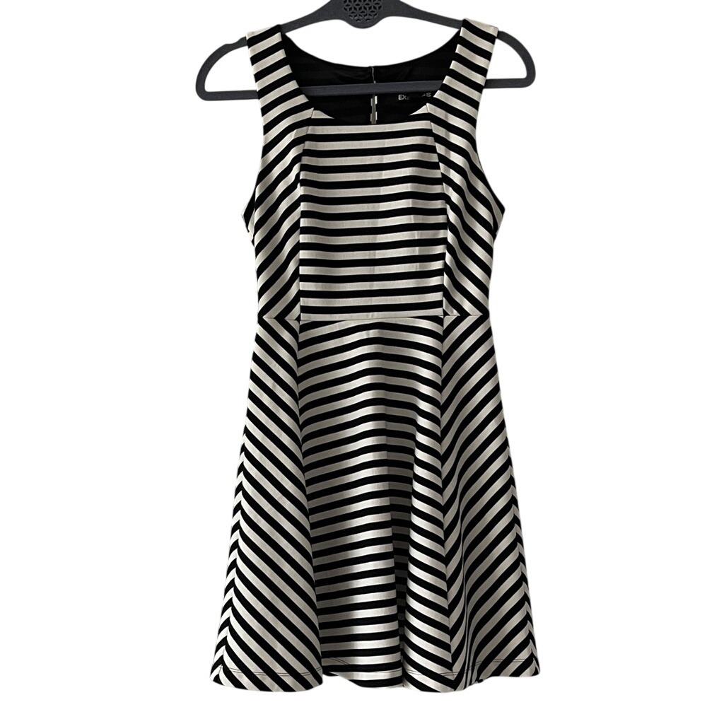 Express Black‎ & White Striped Fit-and-Flare Dress XS